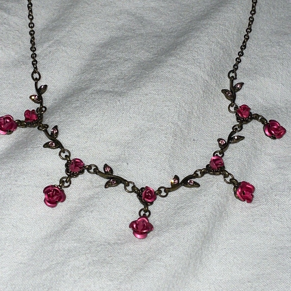 Vintage bronze pink rhinestone Leaf metal 3d rose dangle bib chain choker neckla